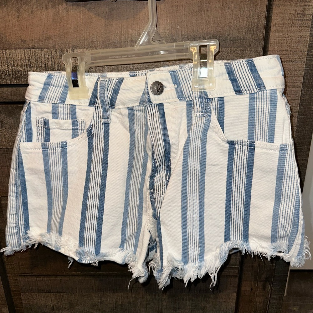 KanCan Blue and White Jean Shorts with Distressed Hem